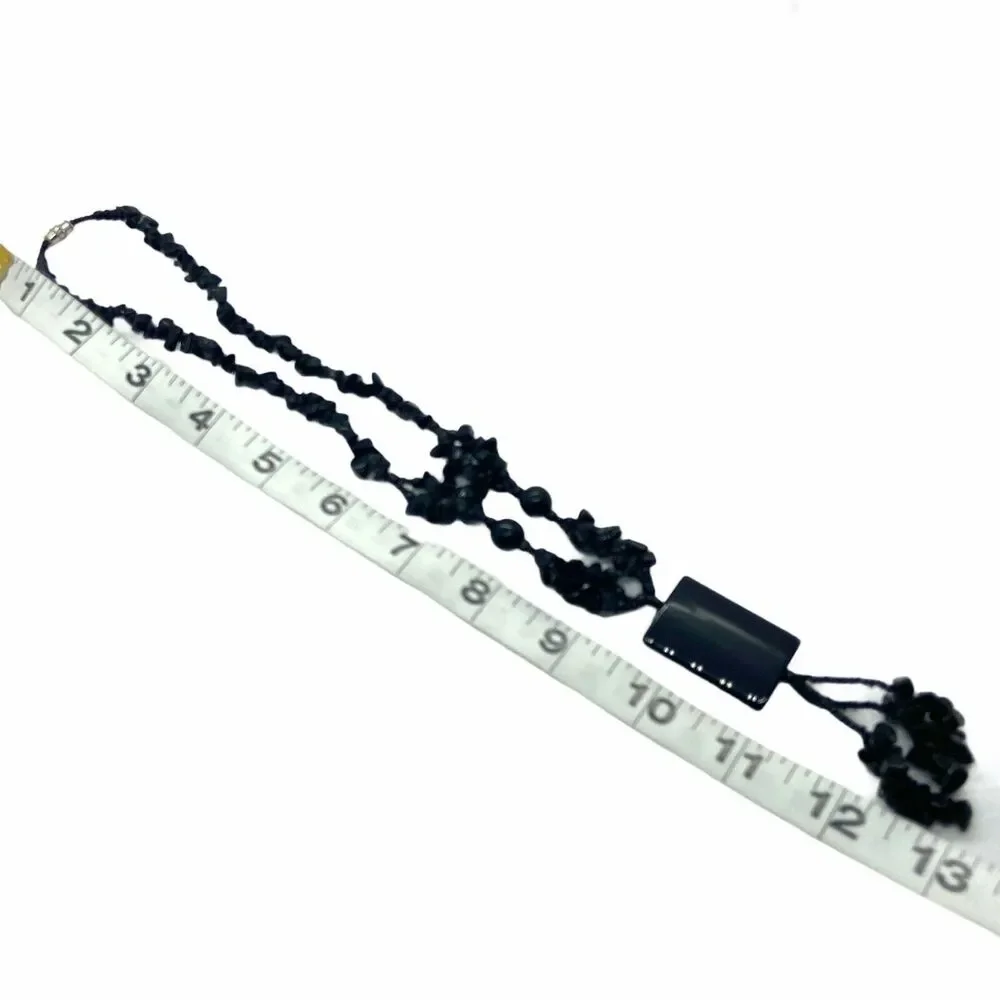 Women's Black Onyx Screw Clasp Beaded Chip Rectangle Pendant Necklace 13 inches
